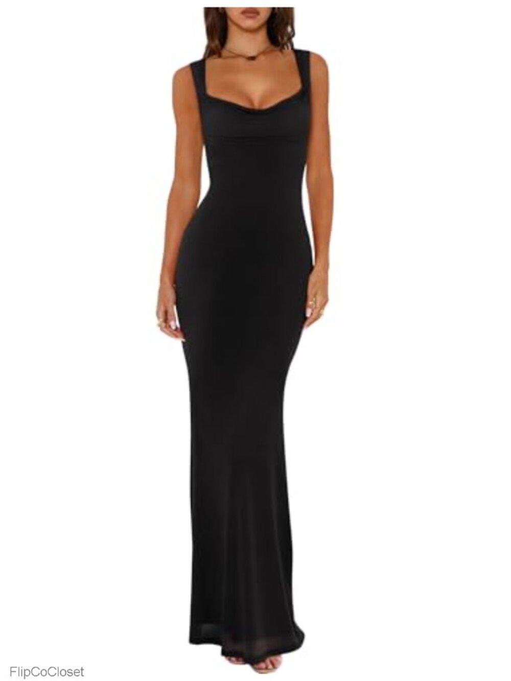 Sheer Mesh Cowl Neck Sleeveless Maxi Dress Double Lined Bodycon Mermaid Club